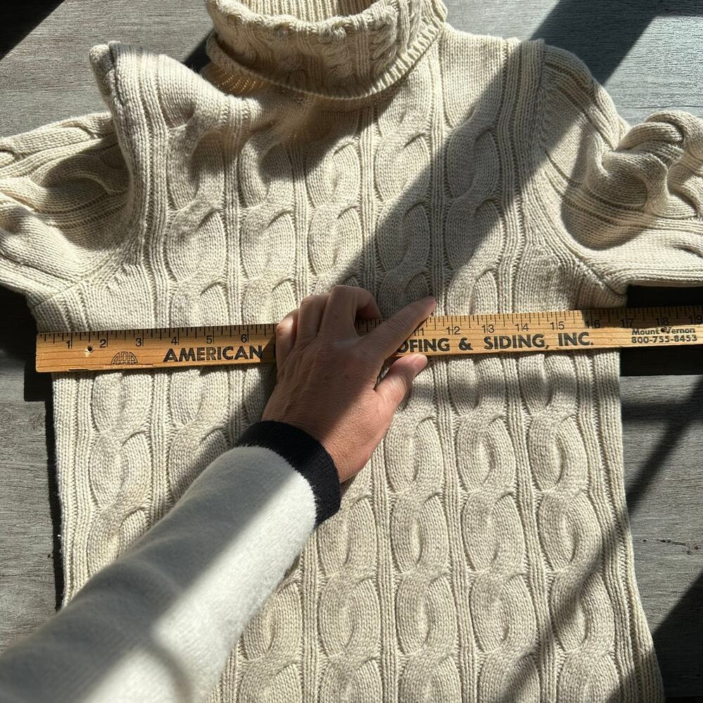 L.L. Bean Cable Knit Fisheman Turtleneck Sweater Wool Cream Small - Picture 4 of 6